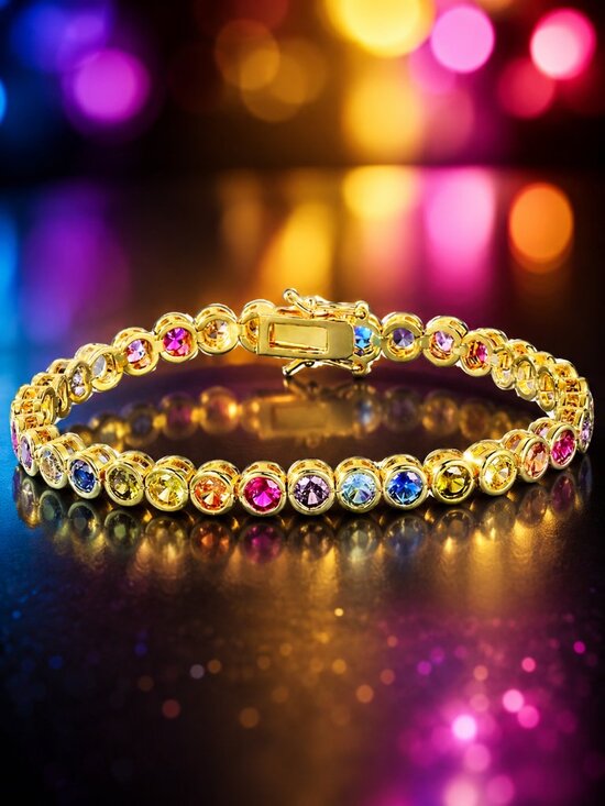 Jewelry - Beautiful Rainbow of Diamondettes in a 18K gold plated tennis bracelet 7"